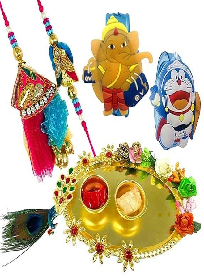 Evisha Pair Rakhi Roli Chawal Plate And 2 Kids Cartoon Character LED Rakhi For Brother And Bhabhi | Rakhi Combo-P-15-T-2LED - Image 1